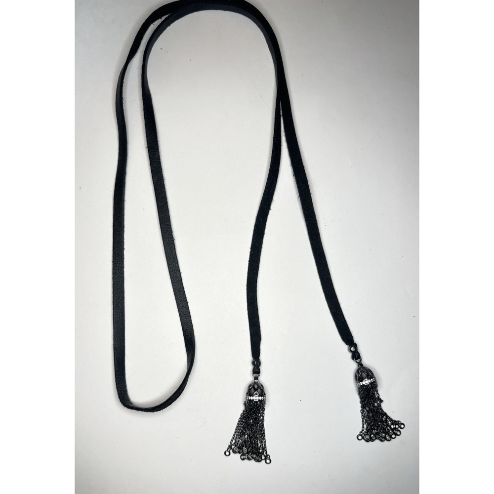 Vintage 35" Black Lariat Necklace Gunmetal Chain Tassel Rhinestone Goth